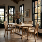 Wooden dining table with chairs in a room with large windows.