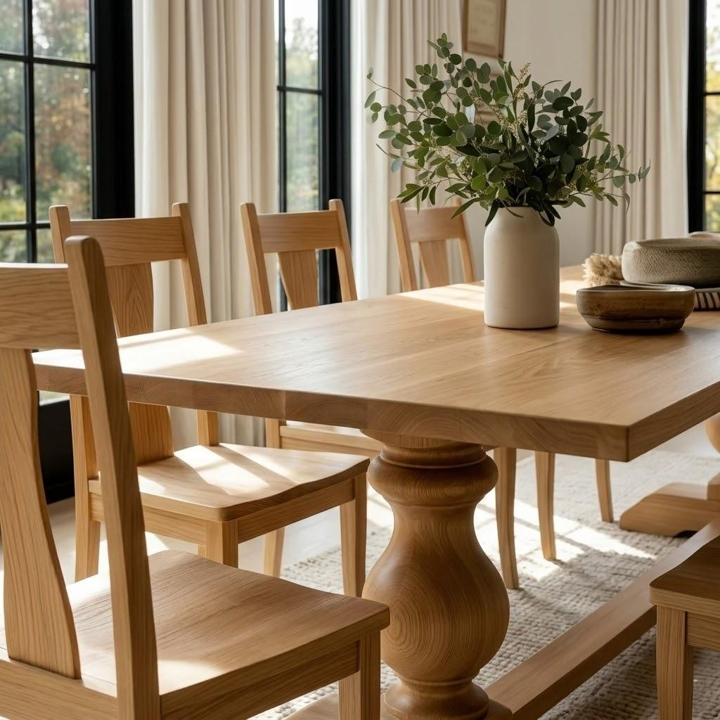 Close up view of a wooden dining table in a well furnished home