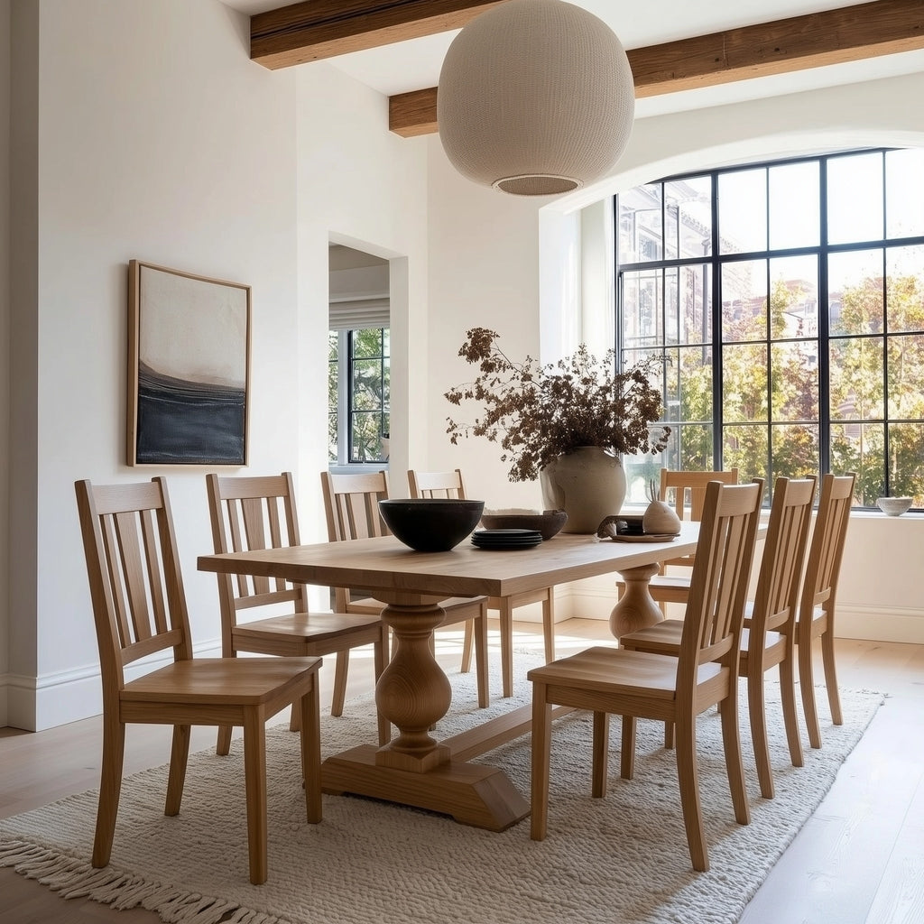 Dining room with wooden table and chairs, large window, and decorative elements.