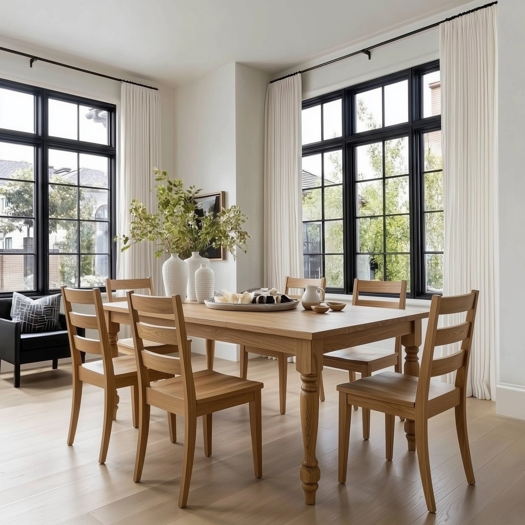 Dining room with wooden table and chairs, large windows, and decorative elements.