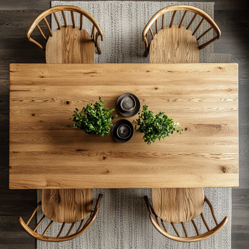 A stylish dining room featuring a rectangular dining table with a wood top and metal legs, surrounded by matching wooden chairs with a wicker design. The room has a modern aesthetic with arched windows and curtains in the background.