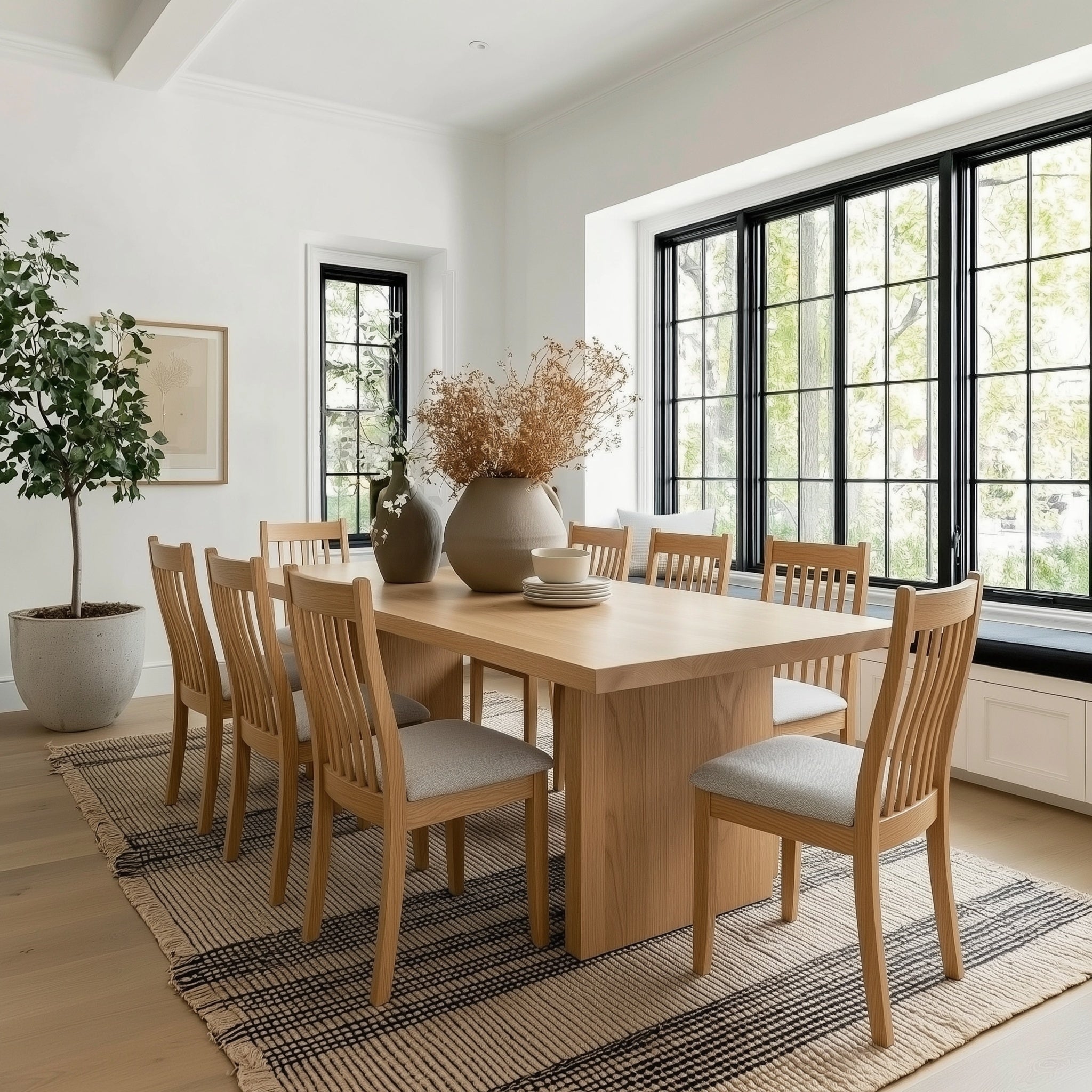 Dining room with wooden table and chairs in a bright room with large windows.
