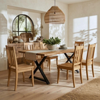 Dining room with wooden table and chairs, large window, and decorative elements.