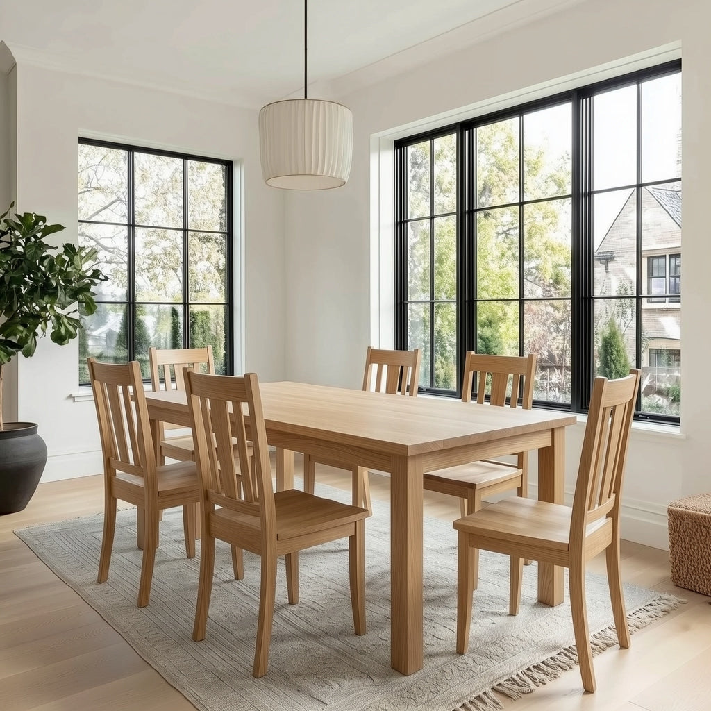 Wooden dining table with chairs in a bright room with large windows.