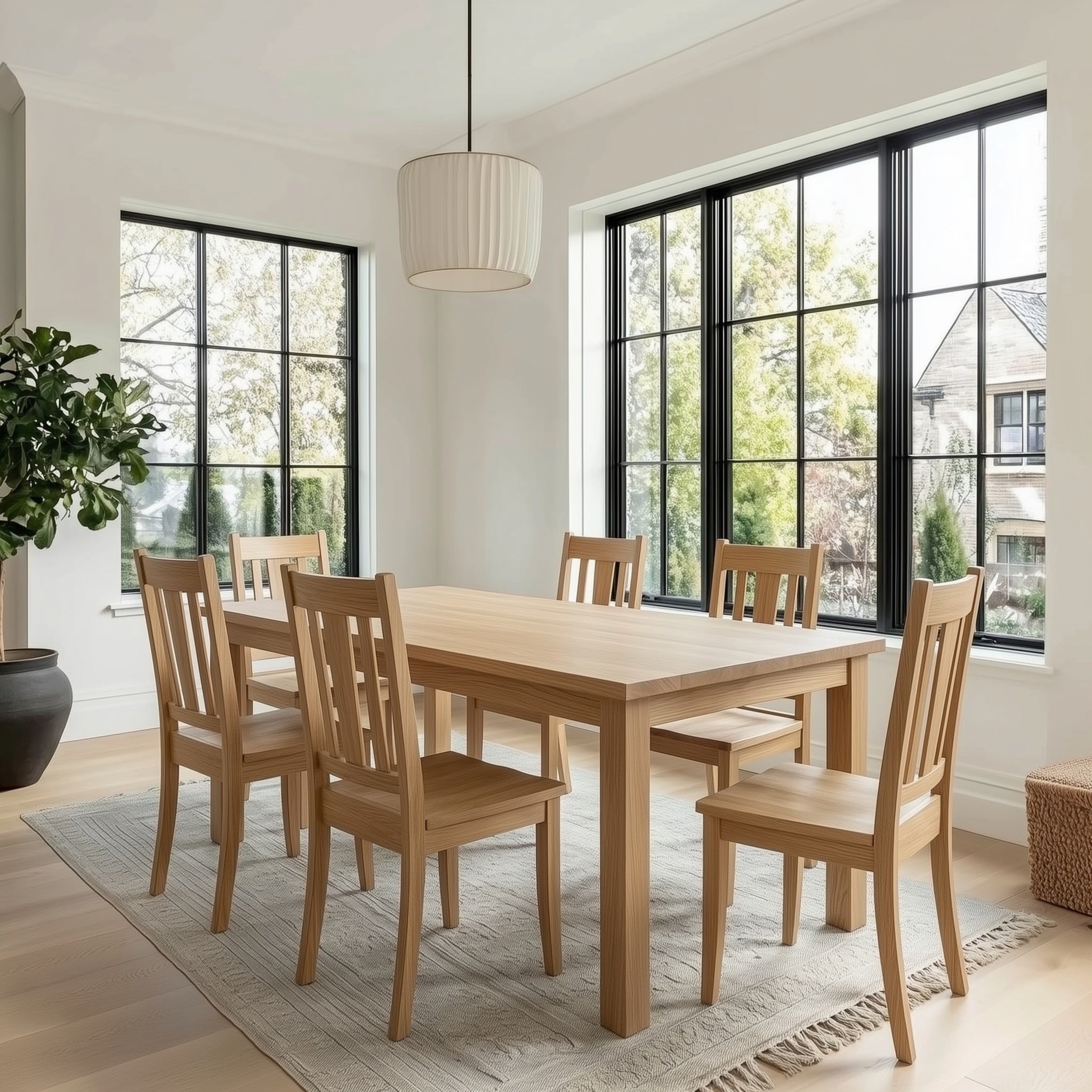 Wooden dining table with chairs in a bright room with large windows.