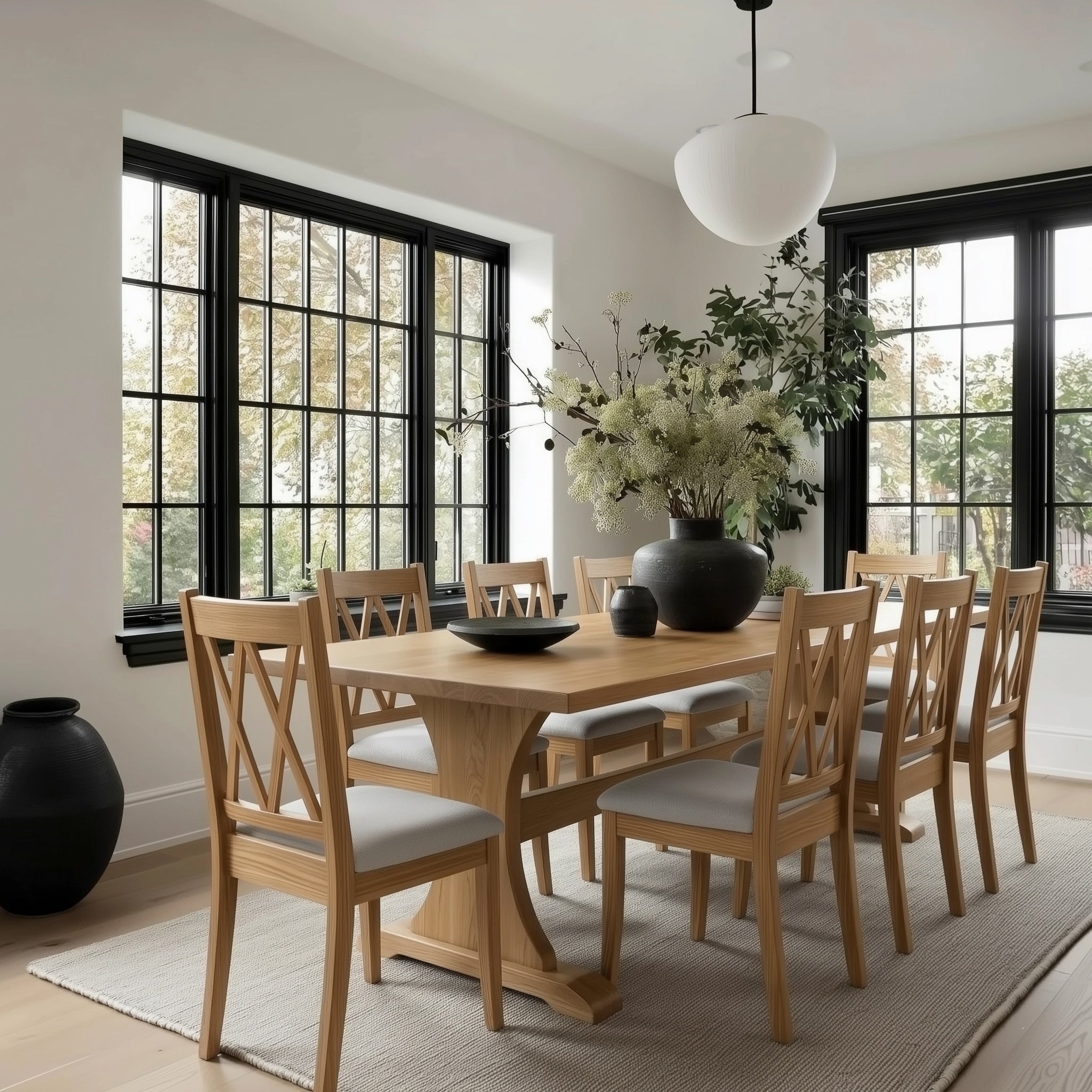 Dining room with wooden table and chairs, large windows, and decorative vases.