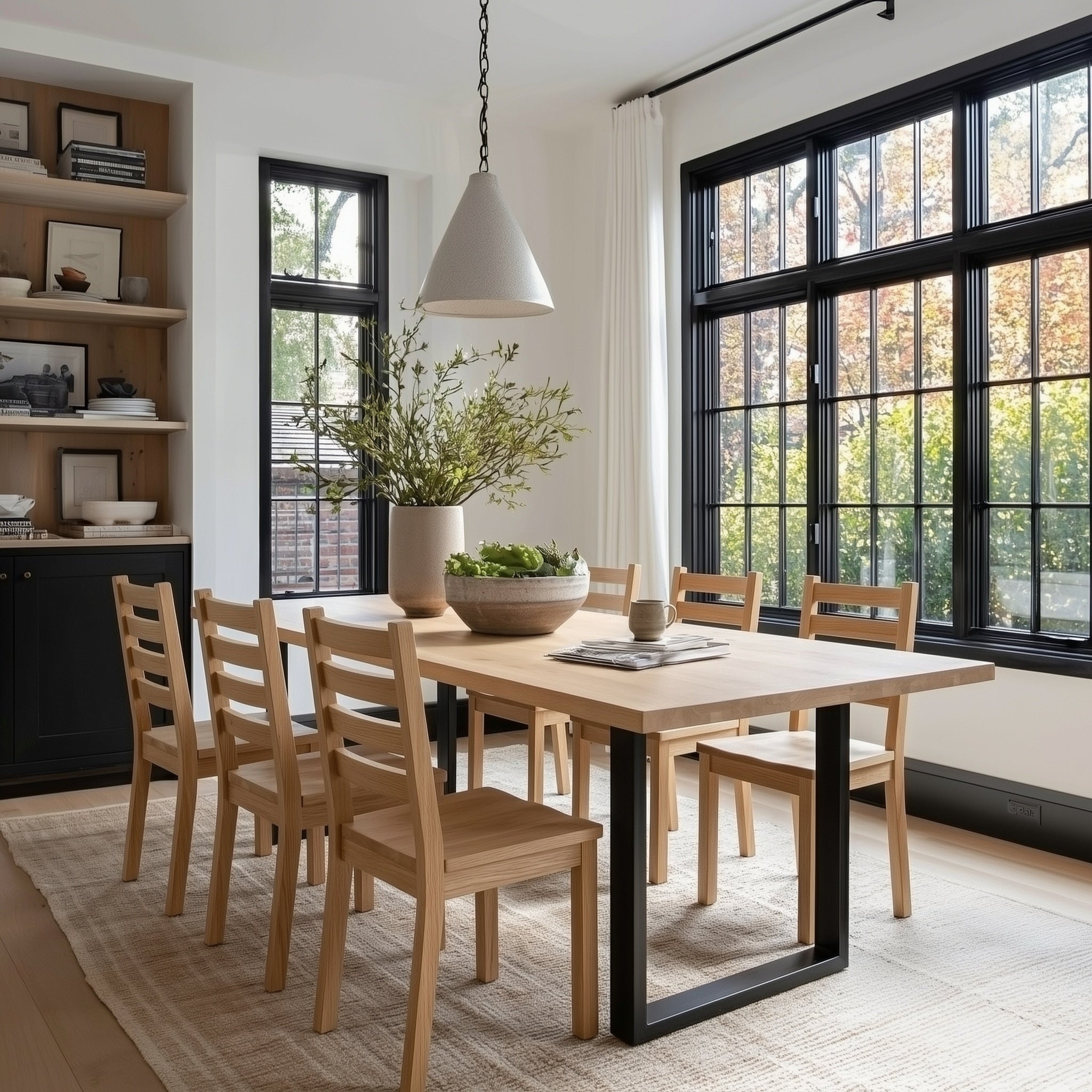 Dining room with wooden table and chairs near large windows