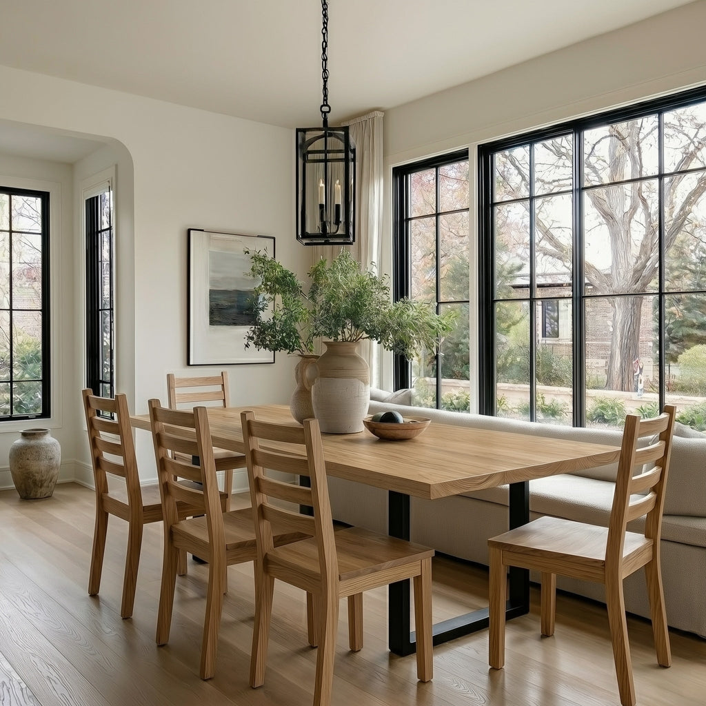 Dining room with wooden table and chairs near large windows