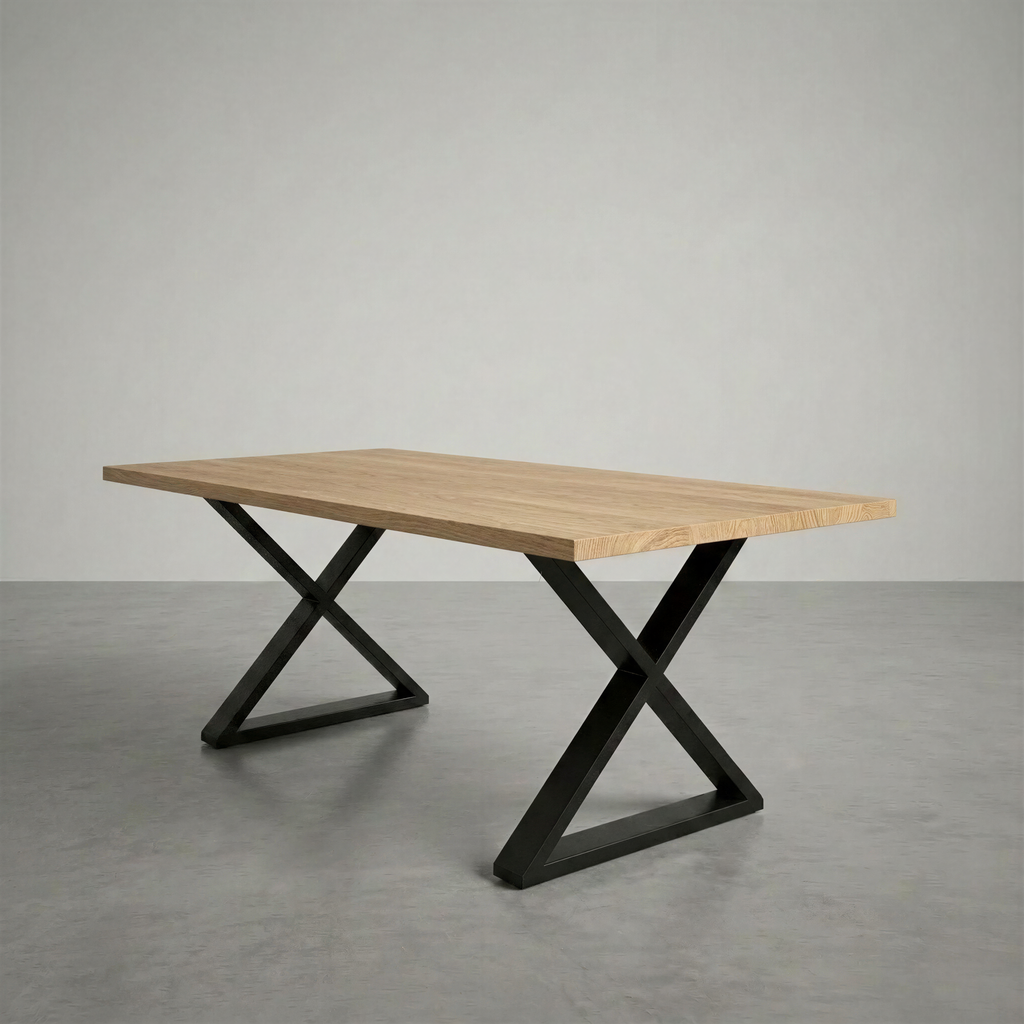 Wooden table with black metal legs on a gray floor and background