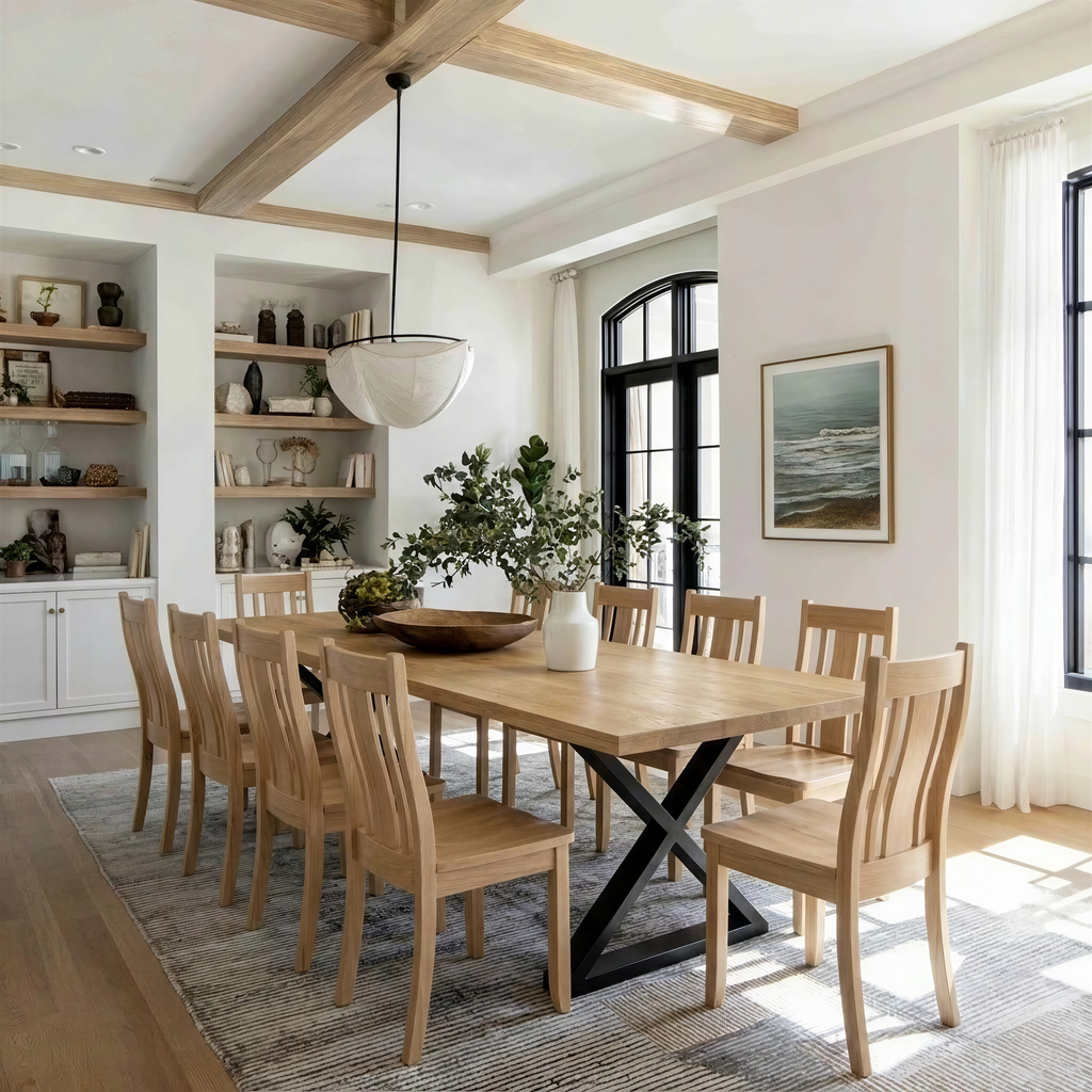 Dining room with wooden table and chairs, large window, and decorative elements.