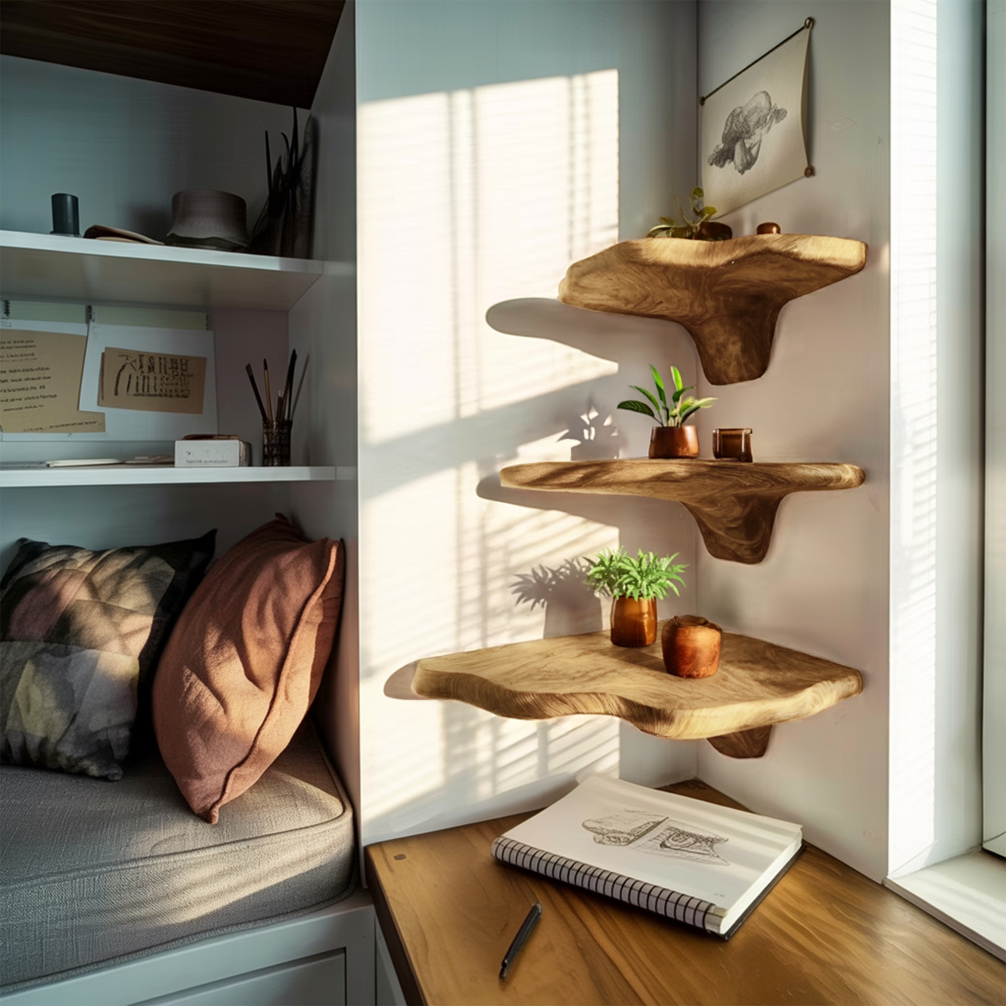 Handcrafted Wooden Live Edge Mushroom Shelf For Modern Furniture Decor