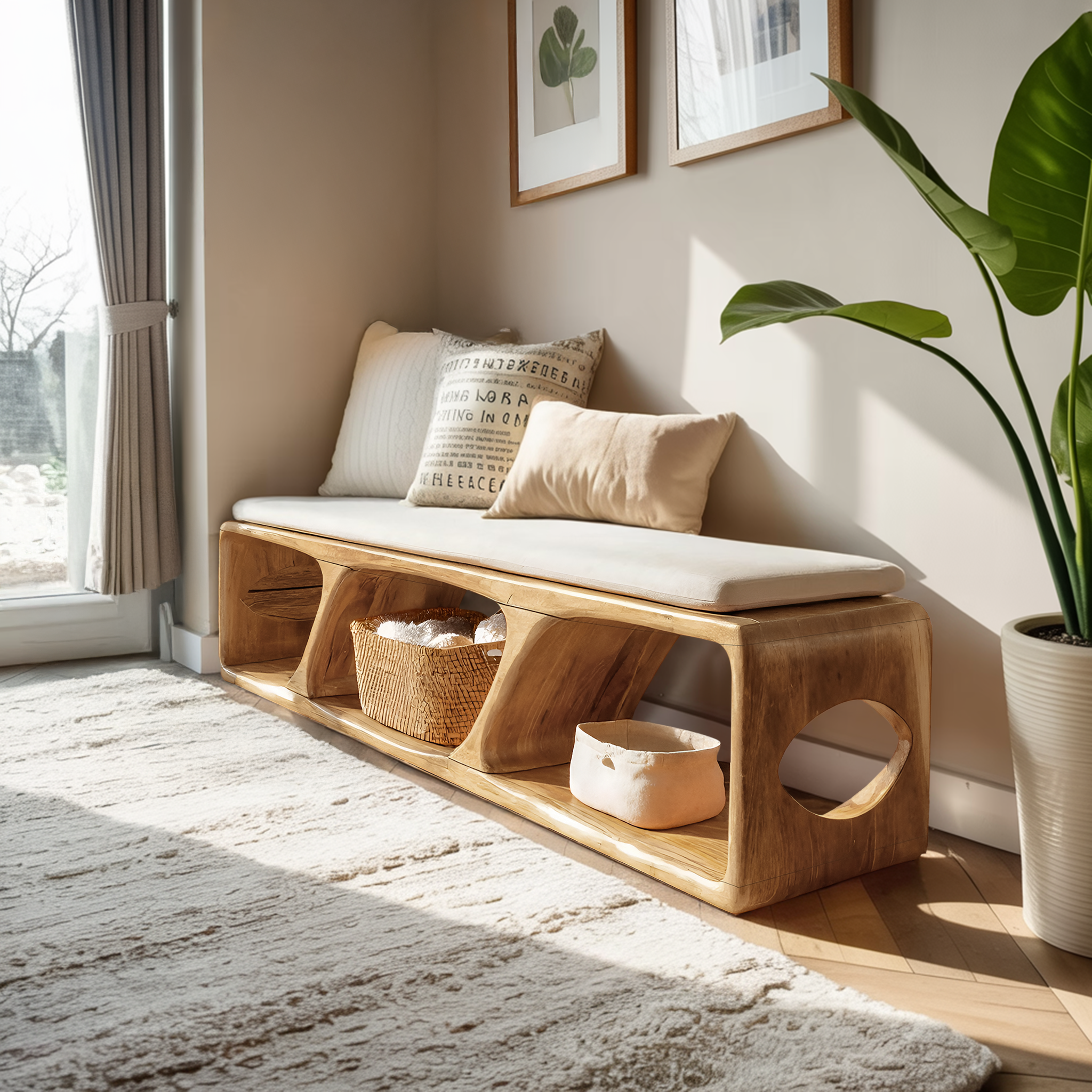 Mid Century Wood Bench For Warm Interior Spaces