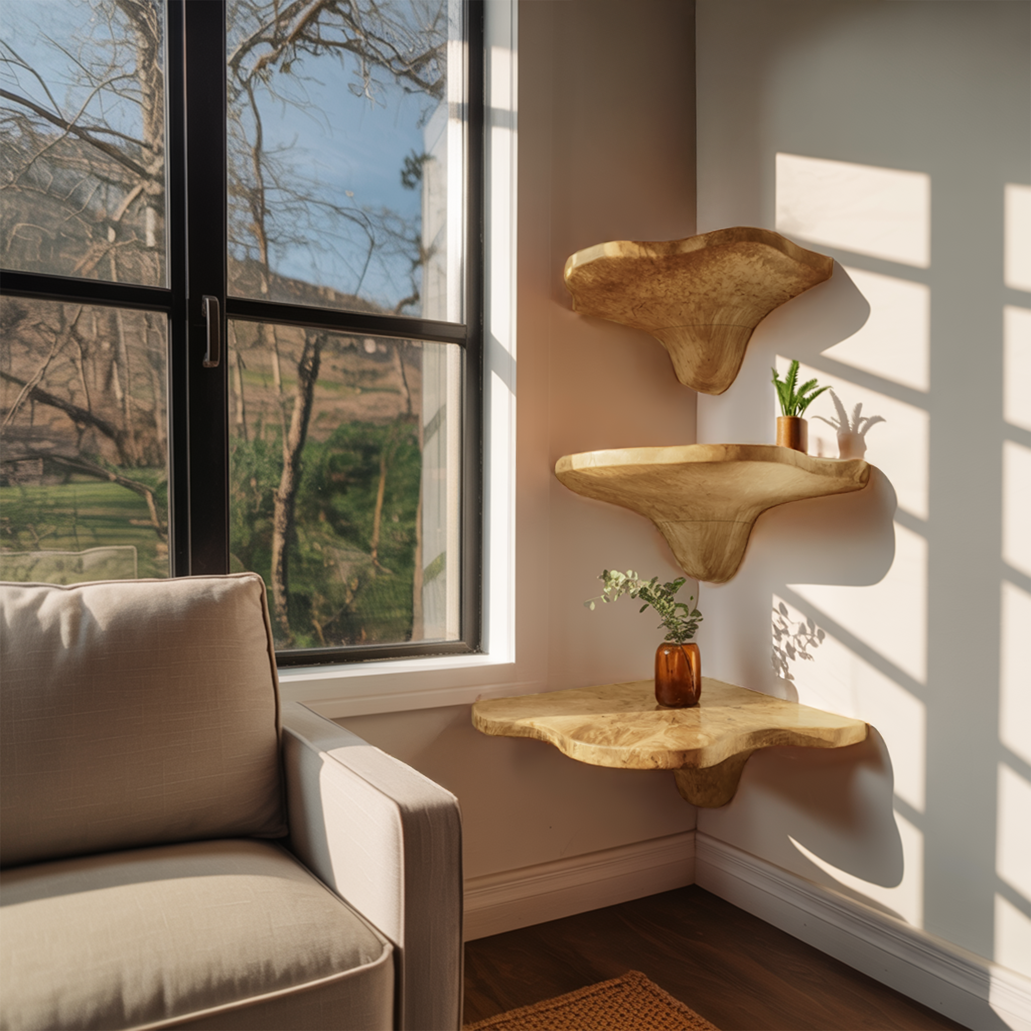 Mid Century Handcrafted Wooden Live Edge Mushroom Shelf For Home Decor