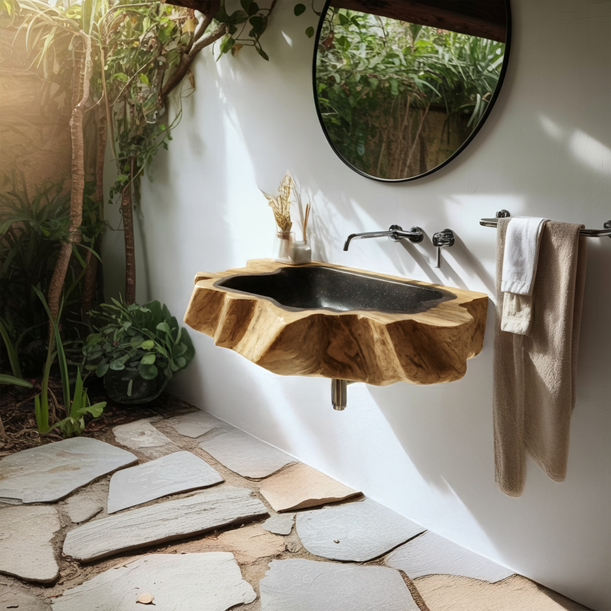 Handcrafted Wooden Wall Mounted Bathroom Sink For Natural Decor