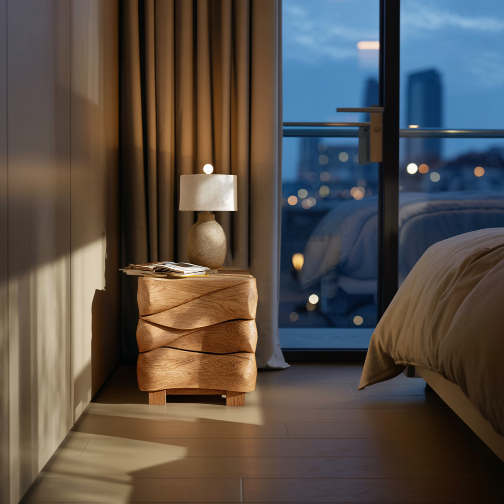Modern Sculpted Nightstand With Wave Design For Bedroom