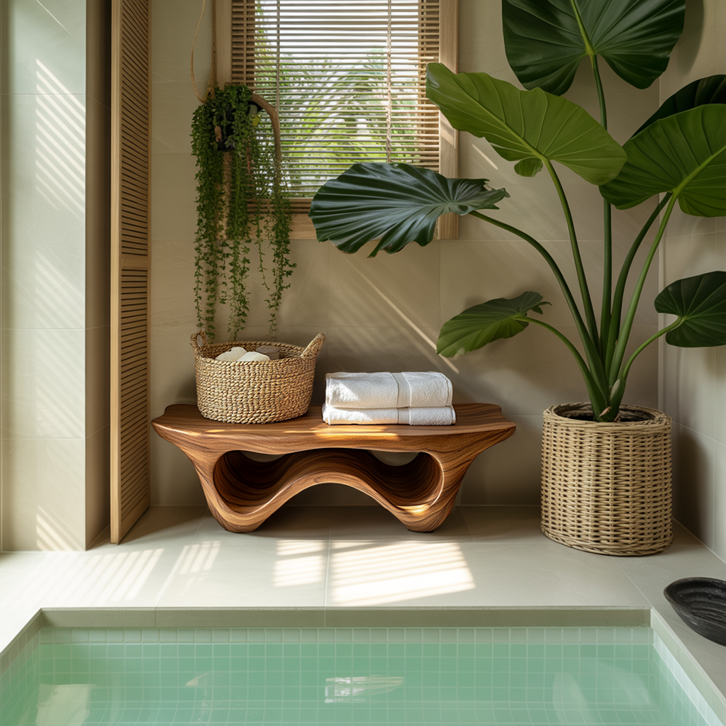 Sculptural Shower Bench With Storage Space For Luxury Bathroom