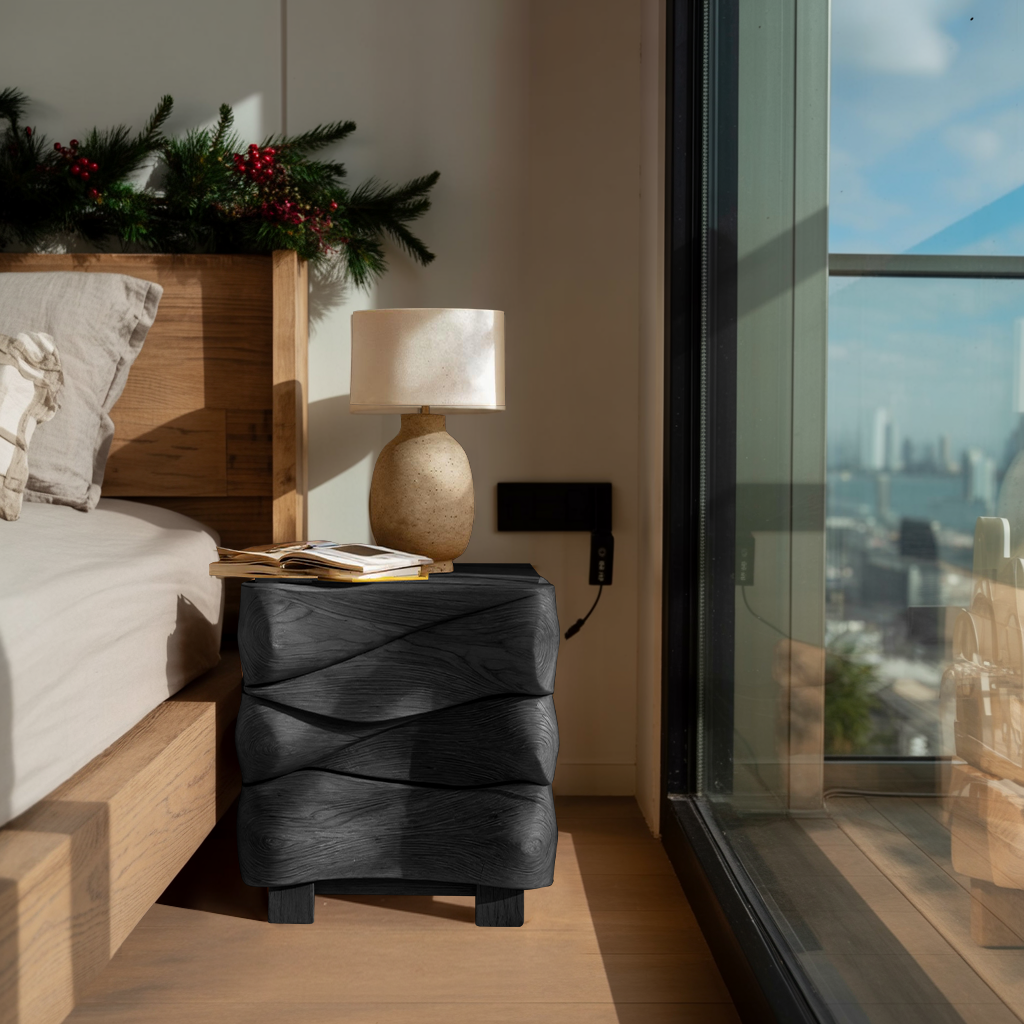 Modern Sculpted Nightstand With Wave Design For Bedroom