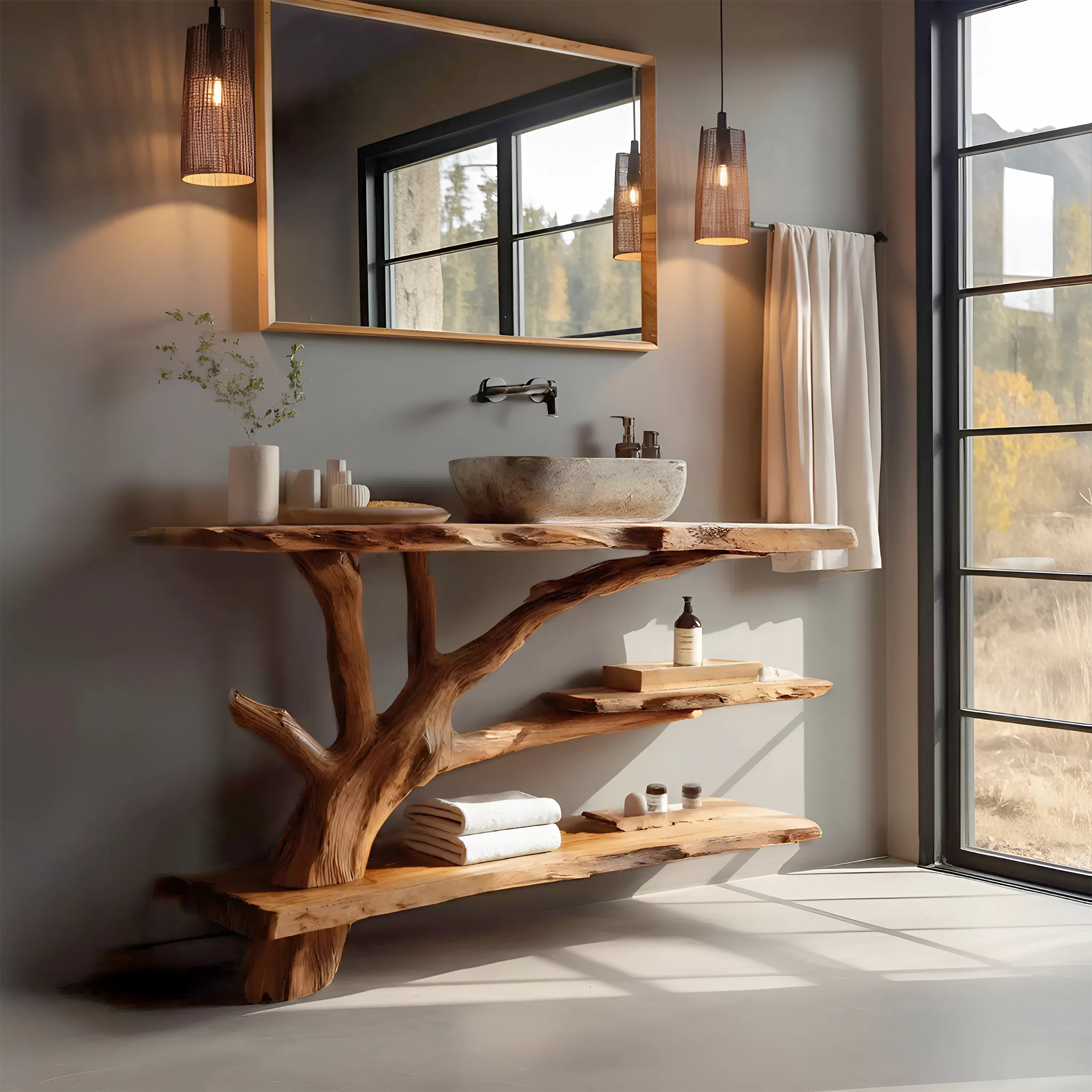 Mid Century Wooden Live Edge Bathroom Vanity For Bathroom Design