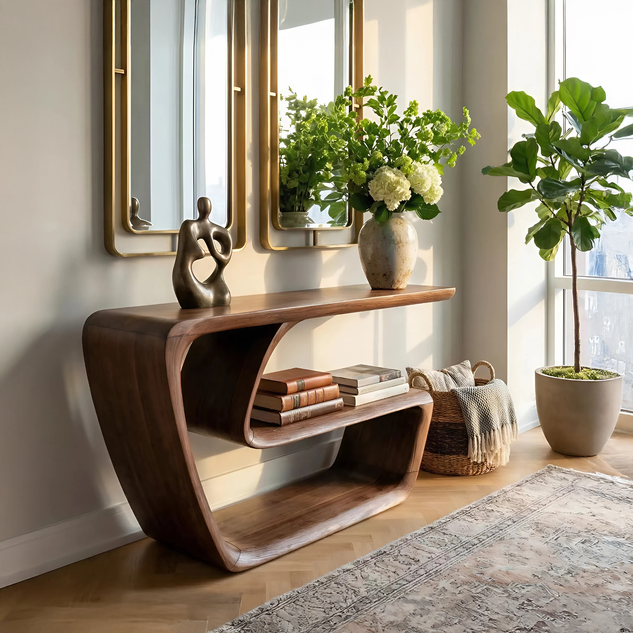 Mid Century Solid Wood Console Table Handmade Sculptural For Living Room