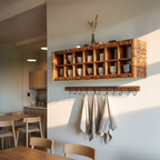 Modern Wooden Shelf With Hooks For Small Kitchen Design