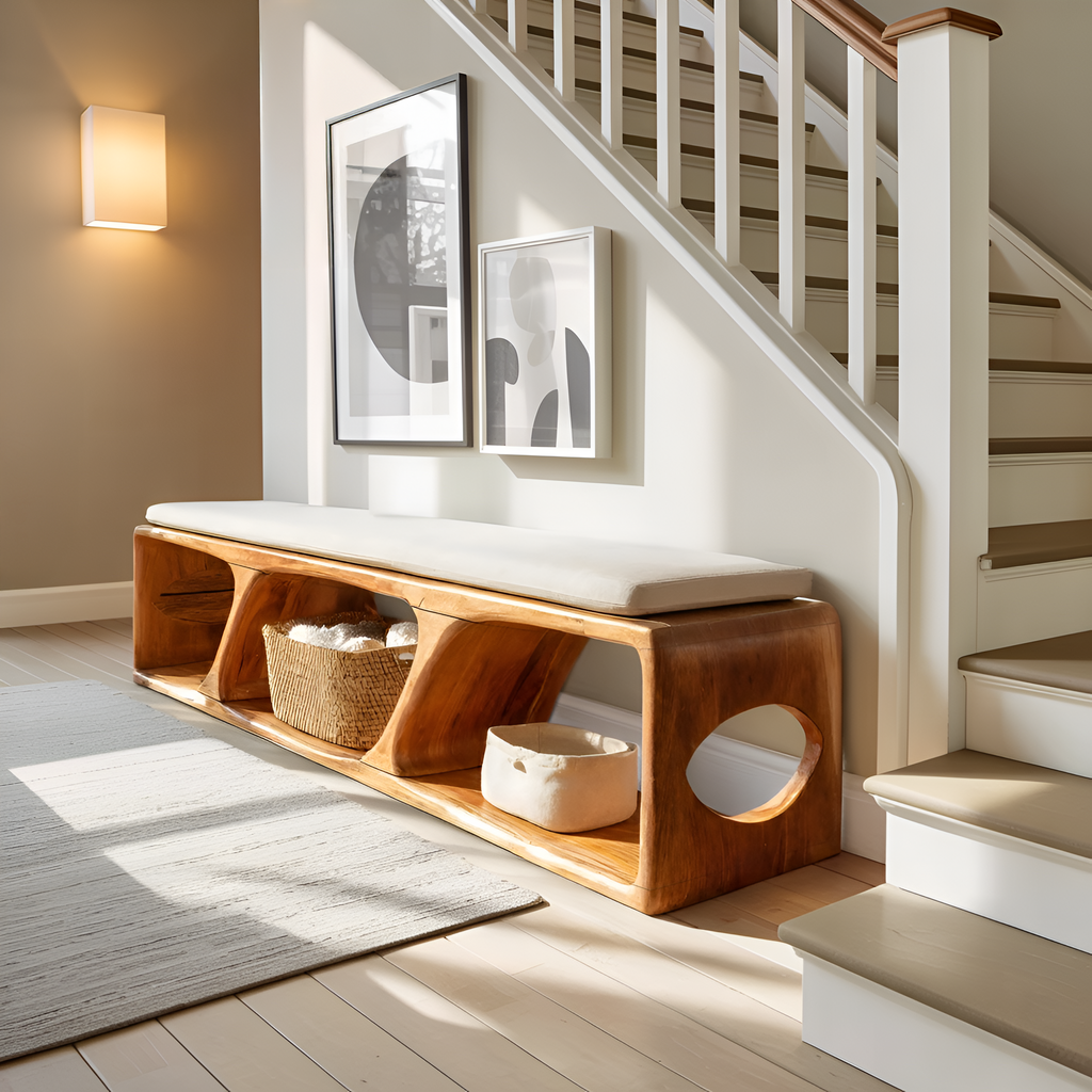 Mid Century Wood Bench For Warm Interior Spaces