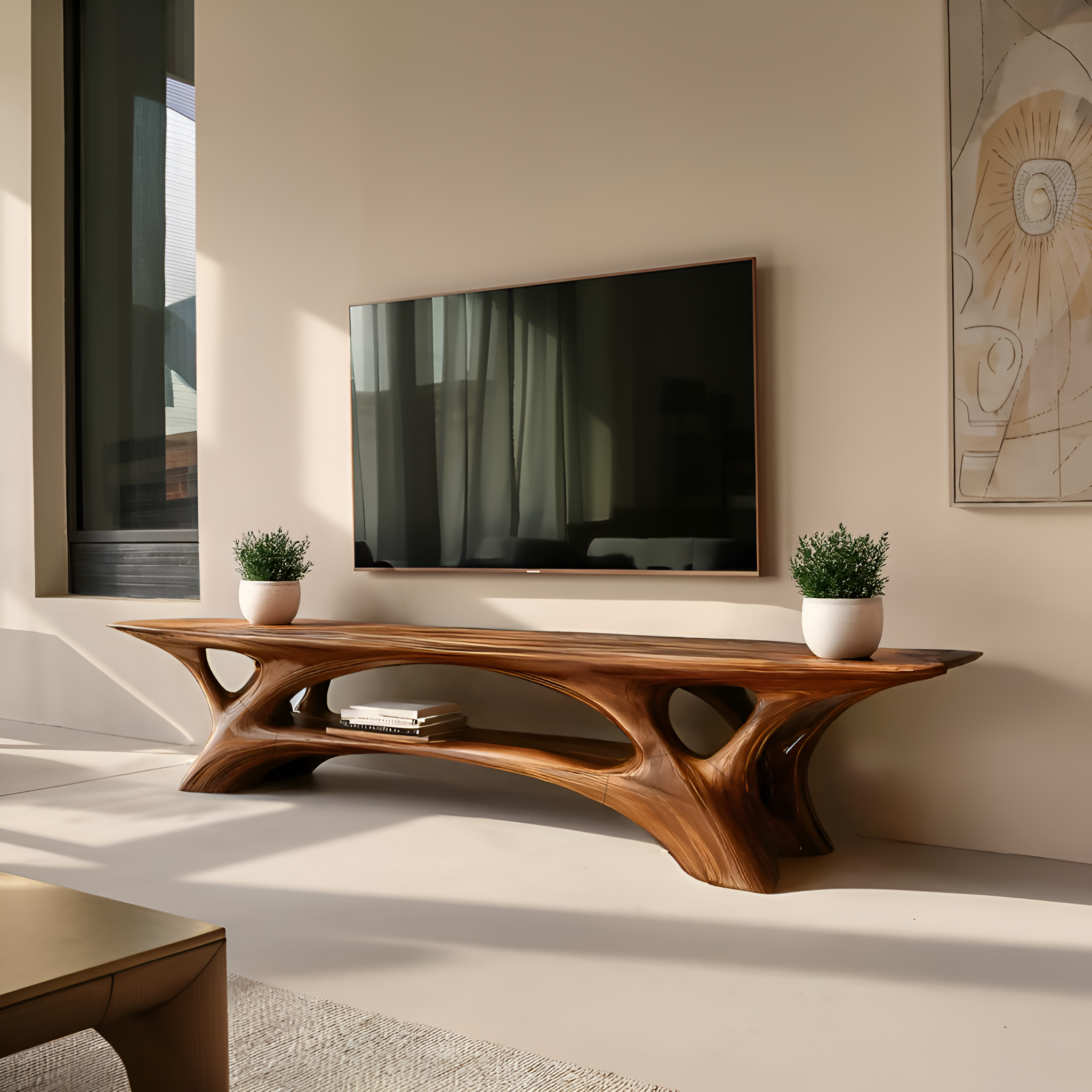 Organic TV Stand With Flowing Curved Design For Modern Home