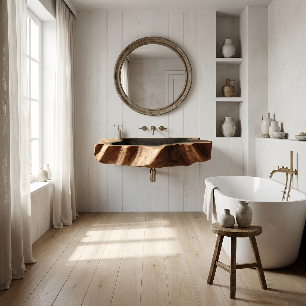 Handcrafted Wooden Wall Mounted Bathroom Sink For Natural Decor