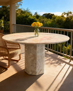 Round Breccia Rose Marble Dining Table with Hexagon Base