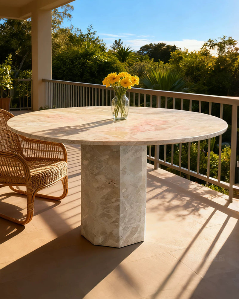 Round Breccia Rose Marble Dining Table with Hexagon Base