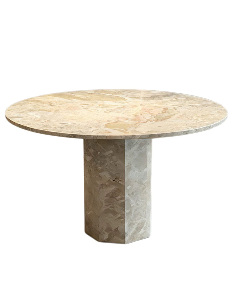 Round Breccia Rose Marble Dining Table with Hexagon Base