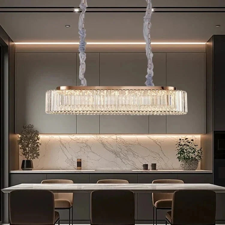 Detail of precision-cut crystal on the Gio dining chandelier