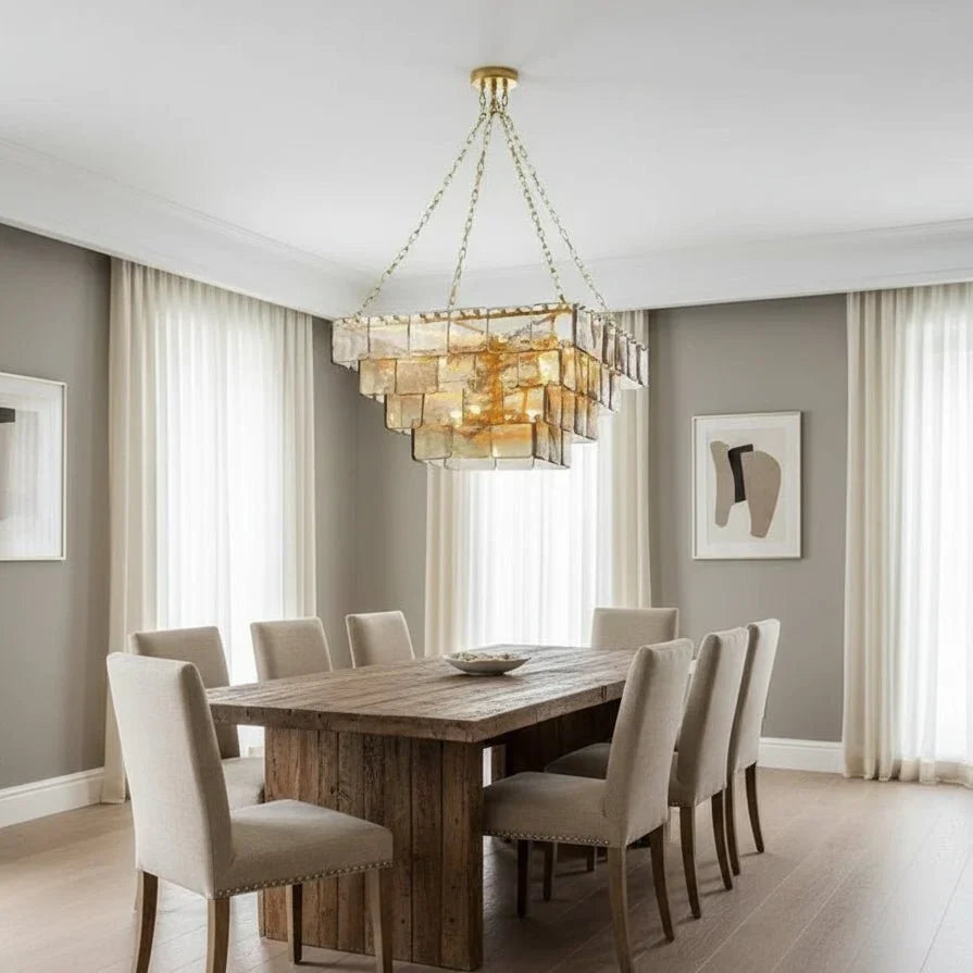 Welle clear glass chandelier on polished steel full view