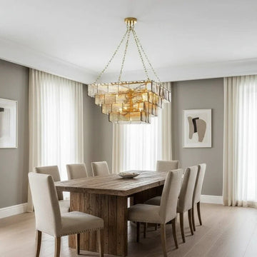 Welle clear glass chandelier on polished steel full view