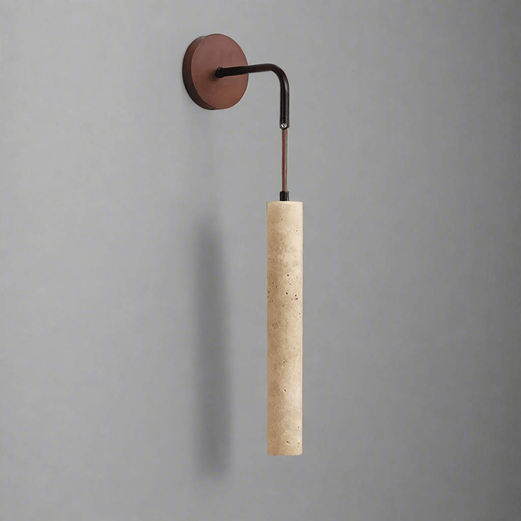 Terra travertine sconce with warm glowing stone shade