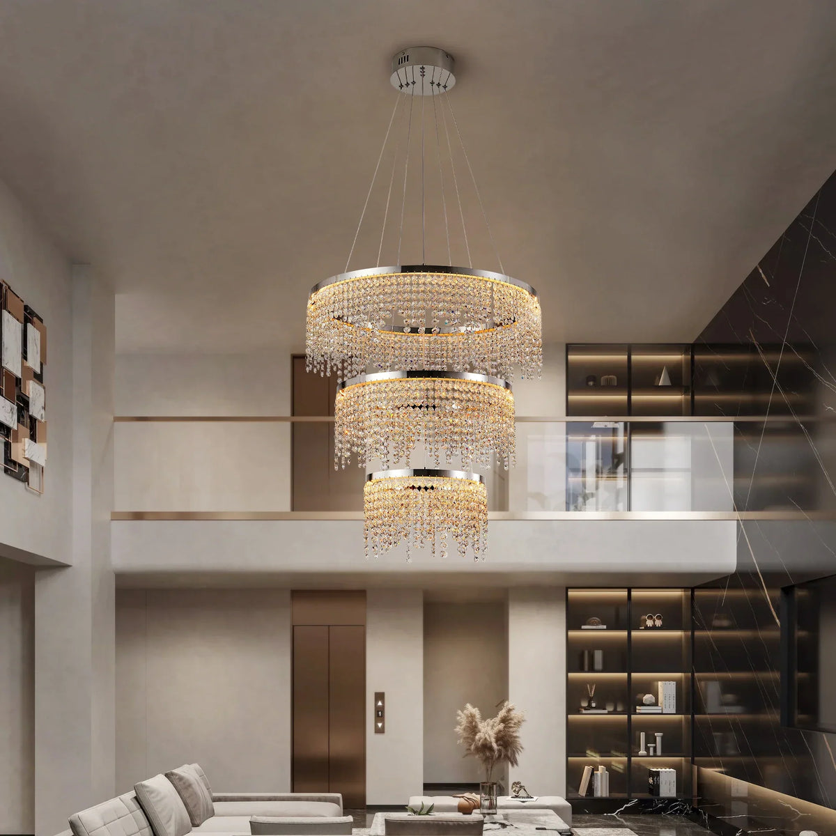 Alleri crystal foyer chandelier filling a double-height space