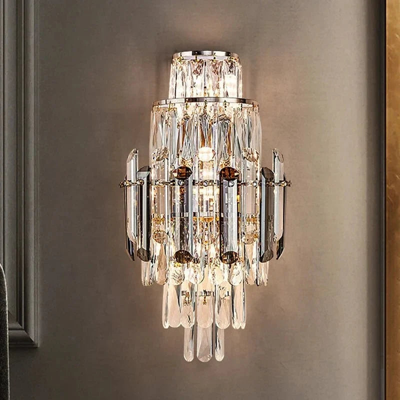 Lazzo smoke and clear crystal wall sconce in a hallway