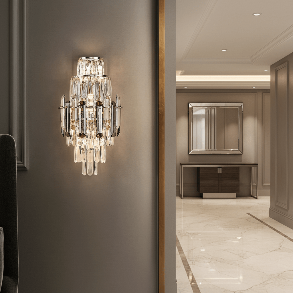 Lazzo crystal sconce casting up and down light beside a mirror