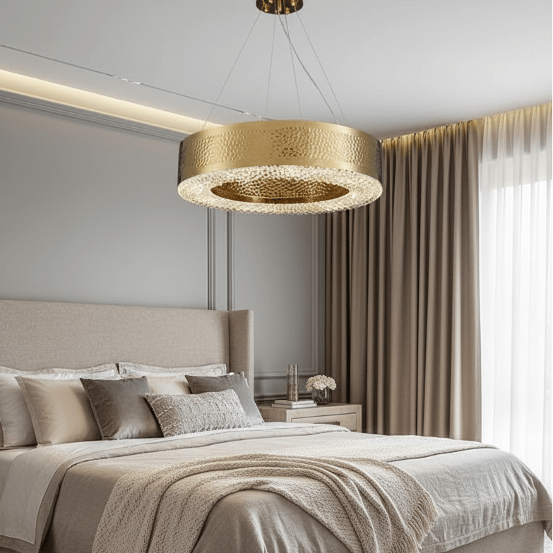 Alleri crystal chandelier illuminated with a soft downward glow