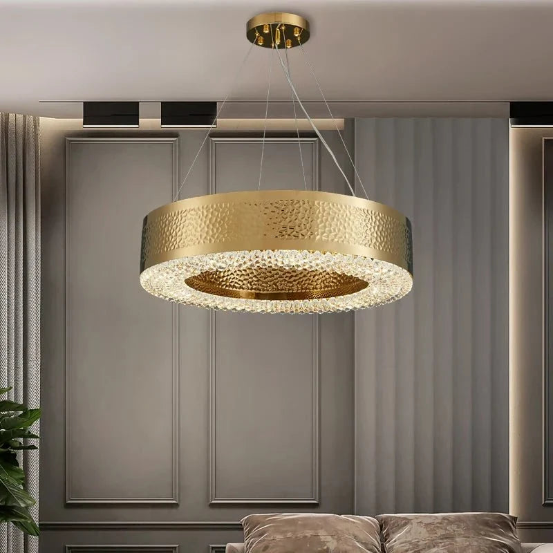 Alleri hammered gold crystal chandelier full view