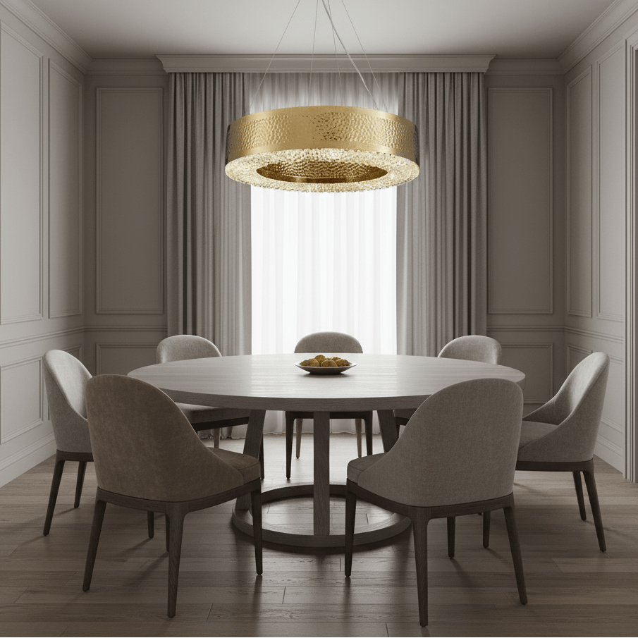 Detail of faceted crystal on the Alleri hammered gold chandelier