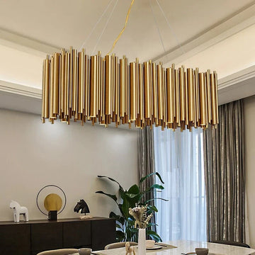 Vigo gold dining room chandelier by Morsale.com, a 40-inch rectangular stainless steel fixture with warm G9 LED rods above a dining table.