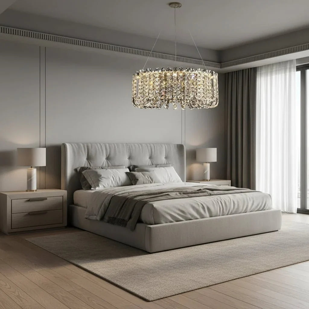 Bacci beaded chandelier illuminated with a shimmering glow