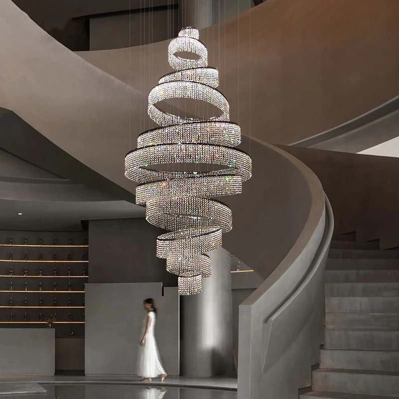 Alleri long crystal foyer chandelier in a grand entryway