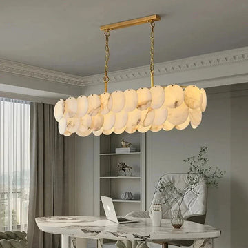 Bordwell 47-inch linear marble disc dining chandelier in copper