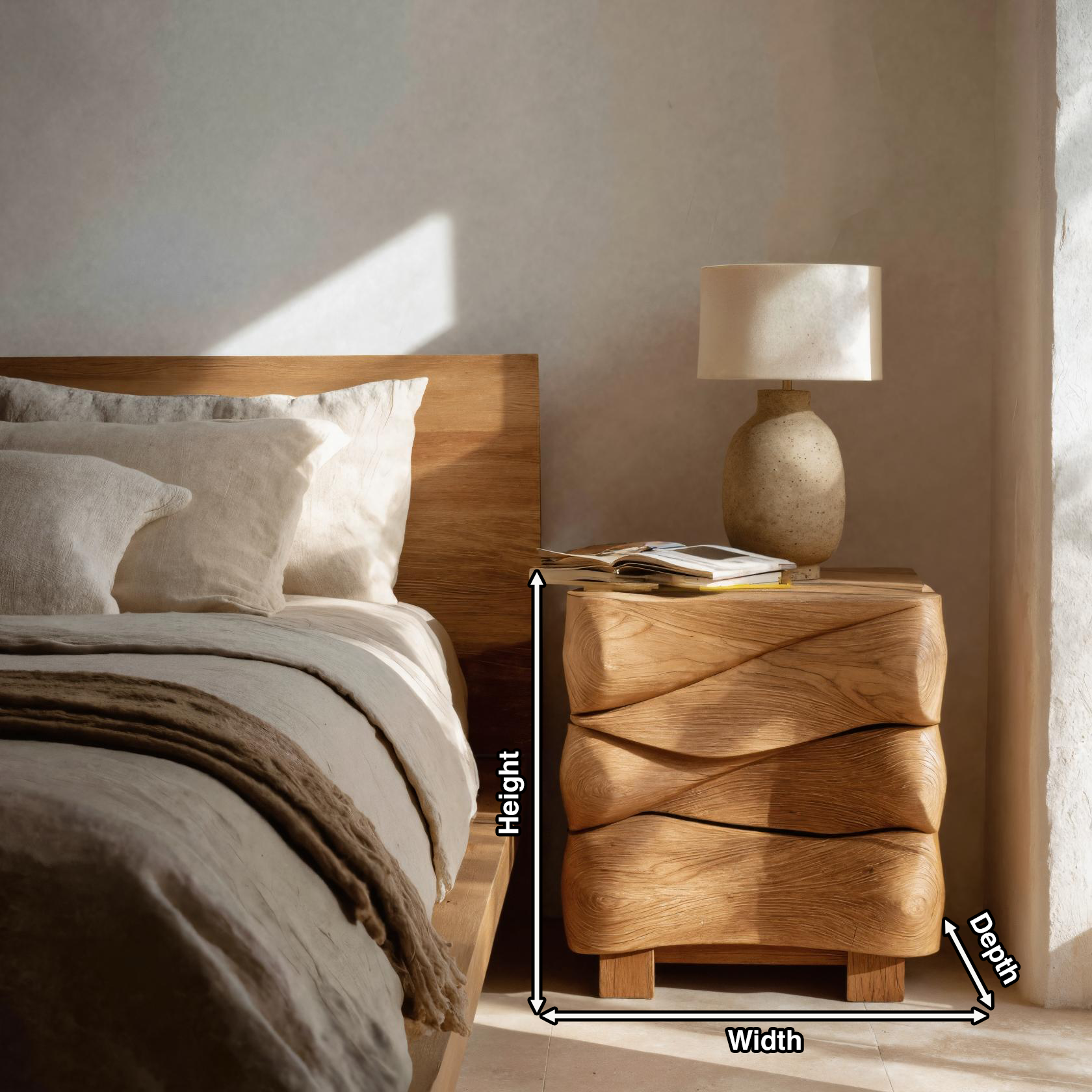 Modern Sculpted Nightstand With Wave Design For Bedroom