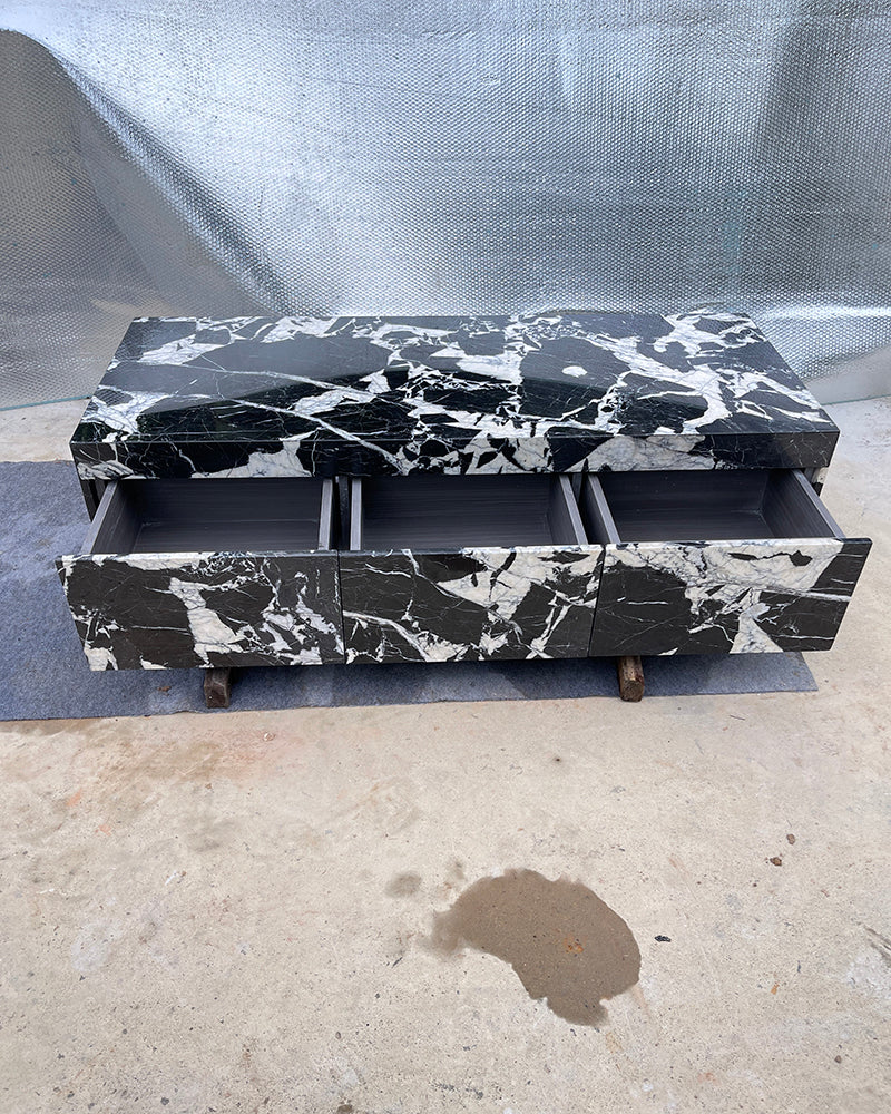 Sculptural Grand Antique Marble Plinth Coffee Table with Built-In Storage Drawer