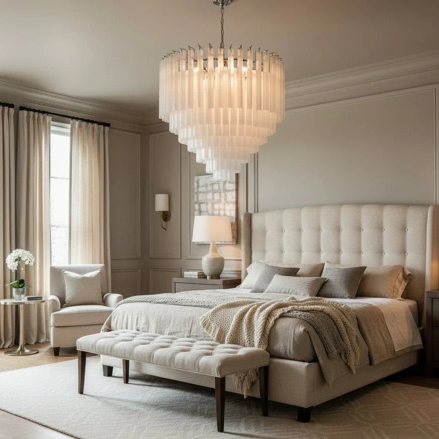 Lucienne frosted crystal chandelier on a brushed nickel frame