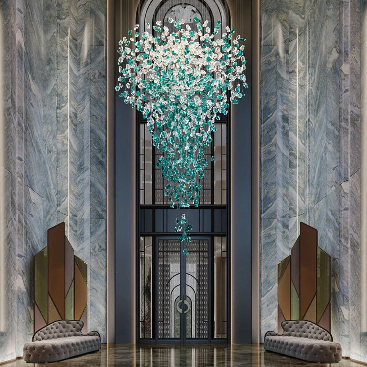 Verde crystal foyer chandelier full cascading view