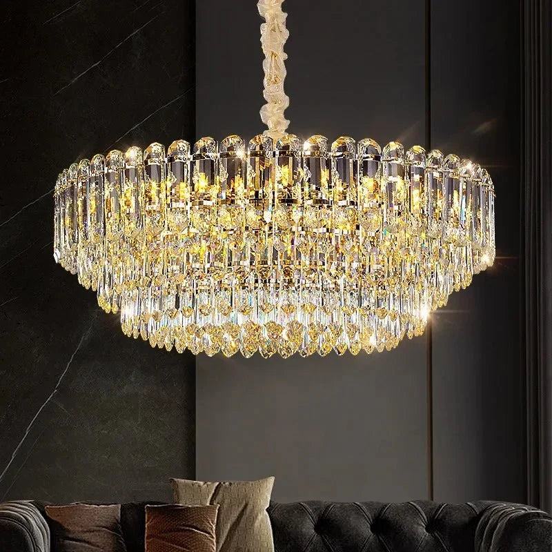 Gio crystal chandelier on electroplated stainless steel full view