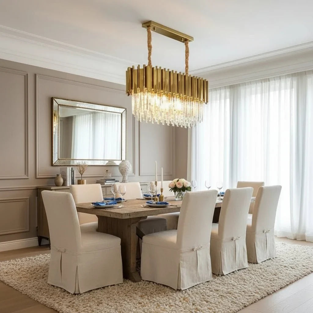 Gio chain crystal dining chandelier in gold over a dining table